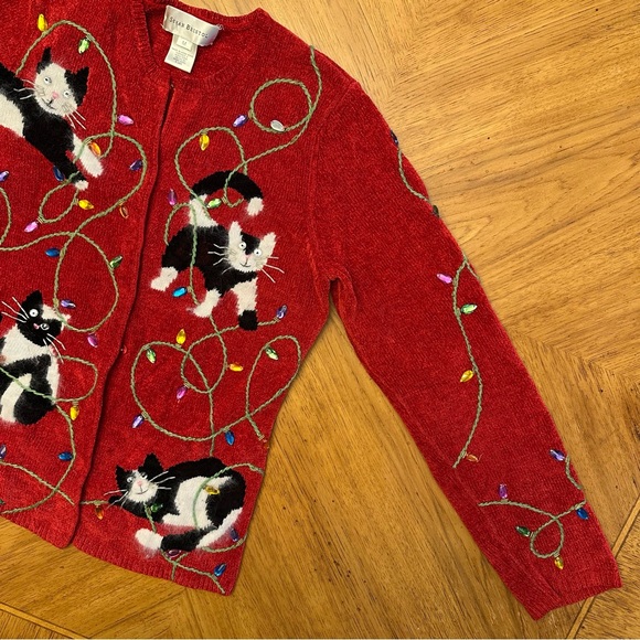 Vintage Susan Bristol Sweater Cats Christmas Cardigan Button Up Women’s Medium - Picture 6 of 12